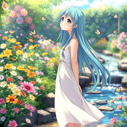 An anime character standing in a serene garden, lost in thought