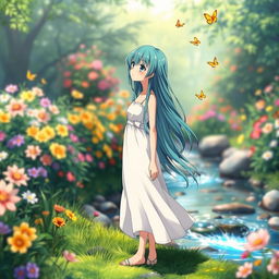 An anime character standing in a serene garden, lost in thought