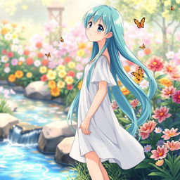 An anime character standing in a serene garden, lost in thought