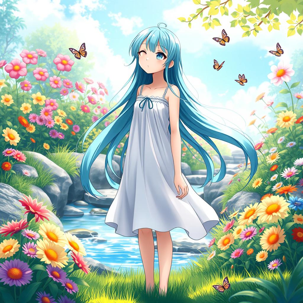 An anime character standing in a serene garden, lost in thought