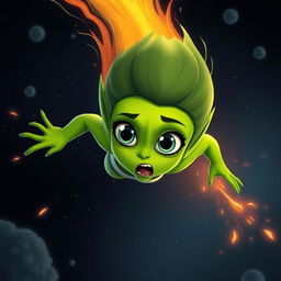 A beautiful green toon alien woman with large expressive eyes and a scared expression, dramatically falling from outer space like a fiery meteor