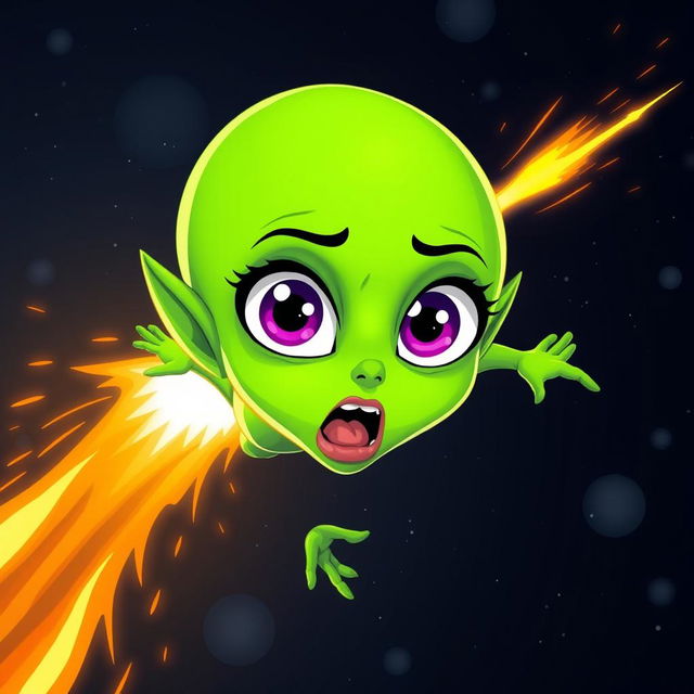 A beautiful green toon alien woman with large expressive eyes and a scared expression, dramatically falling from outer space like a fiery meteor