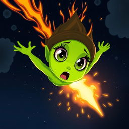 A beautiful green toon alien woman with large expressive eyes and a scared expression, dramatically falling from outer space like a fiery meteor