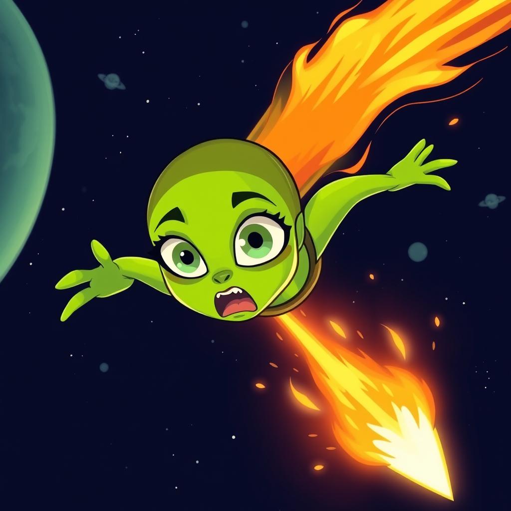 A beautiful green toon alien woman with large expressive eyes and a scared expression, dramatically falling from outer space like a fiery meteor