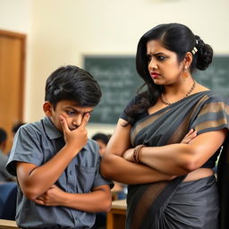 A 30-year-old beautiful Indian school teacher looking angrily at a young man