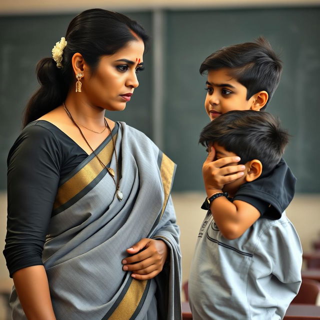 A 30-year-old beautiful Indian school teacher looking angrily at a young man