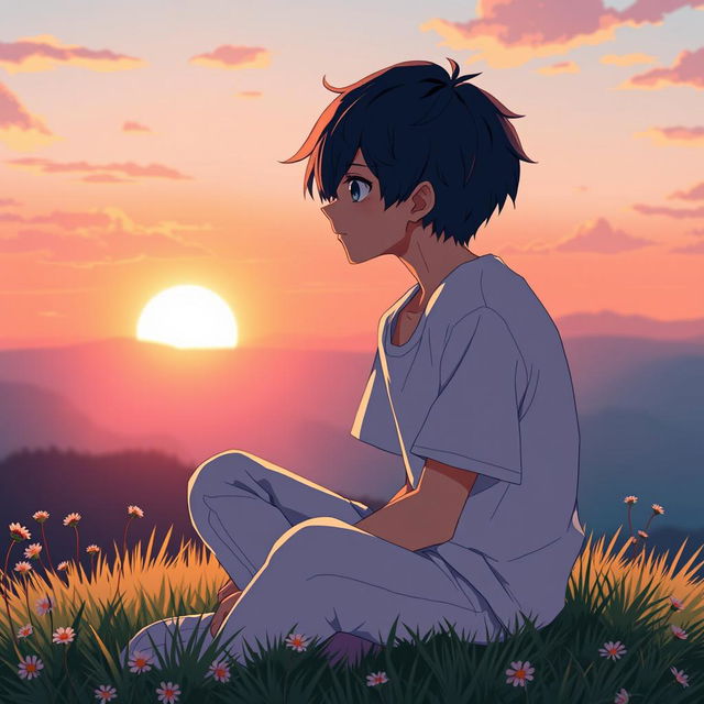 A captivating anime character depicted in a moment of deep thought, sitting cross-legged on a grassy hill