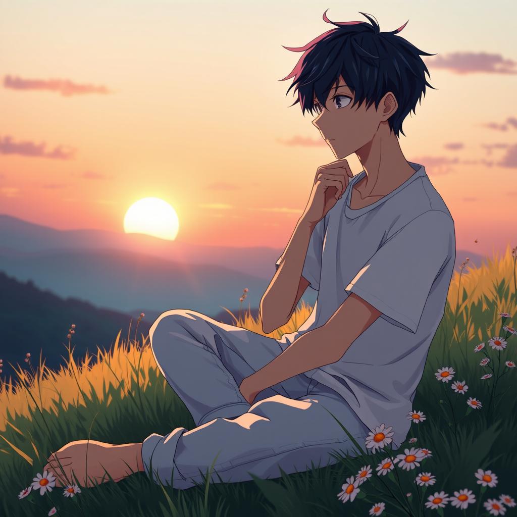 A captivating anime character depicted in a moment of deep thought, sitting cross-legged on a grassy hill