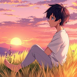 A captivating anime character depicted in a moment of deep thought, sitting cross-legged on a grassy hill