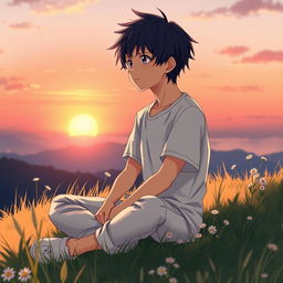 A captivating anime character depicted in a moment of deep thought, sitting cross-legged on a grassy hill