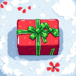 A top-down view of a single Christmas gift depicted in a charming 2D pixel art style, featuring pixelated wrapping paper in bright red adorned with green ribbons and bows