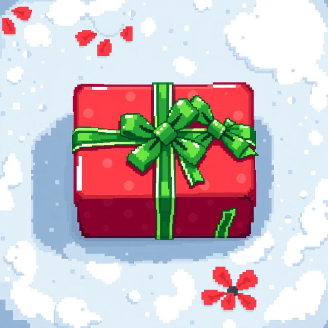 A top-down view of a single Christmas gift depicted in a charming 2D pixel art style, featuring pixelated wrapping paper in bright red adorned with green ribbons and bows