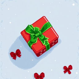 A top-down view of a single Christmas gift depicted in a charming 2D pixel art style, featuring pixelated wrapping paper in bright red adorned with green ribbons and bows