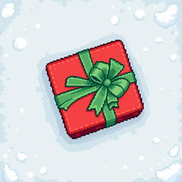 A top-down view of a single Christmas gift depicted in a charming 2D pixel art style, featuring pixelated wrapping paper in bright red adorned with green ribbons and bows