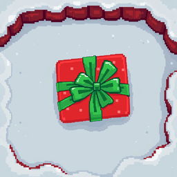 A top-down view of a single Christmas gift depicted in a charming 2D pixel art style, featuring pixelated wrapping paper in bright red adorned with green ribbons and bows