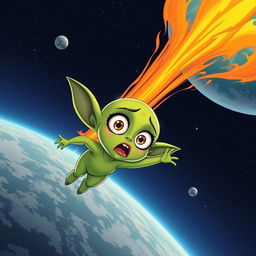 A beautiful green toon alien woman plummeting from outer space to Earth, resembling a fiery meteor with a vibrant blazing trail behind her