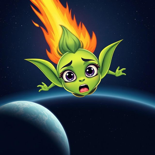 A beautiful green toon alien woman plummeting from outer space to Earth, resembling a fiery meteor with a vibrant blazing trail behind her