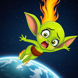 A beautiful green toon alien woman plummeting from outer space to Earth, resembling a fiery meteor with a vibrant blazing trail behind her