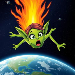 A beautiful green toon alien woman plummeting from outer space to Earth, resembling a fiery meteor with a vibrant blazing trail behind her