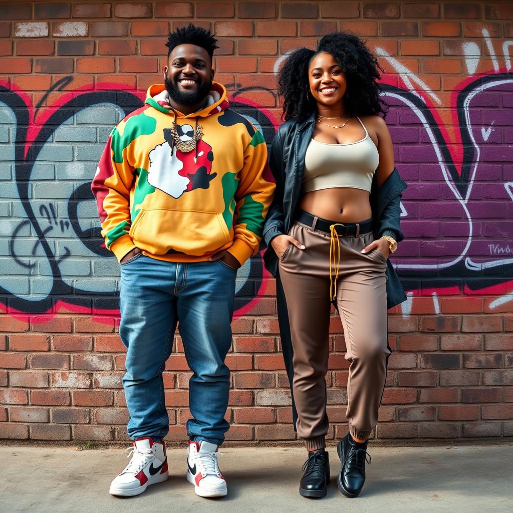 A beautiful plus-size Black American king and queen standing confidently next to each other in stylish hip hop clothing, set against a vibrant brick wall