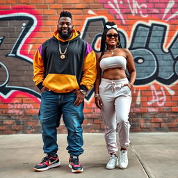 A beautiful plus-size Black American king and queen standing confidently next to each other in stylish hip hop clothing, set against a vibrant brick wall
