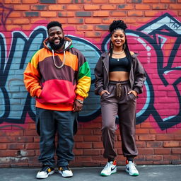 A beautiful plus-size Black American king and queen standing confidently next to each other in stylish hip hop clothing, set against a vibrant brick wall