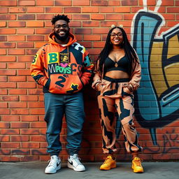 A beautiful plus-size Black American king and queen standing confidently next to each other in stylish hip hop clothing, set against a vibrant brick wall