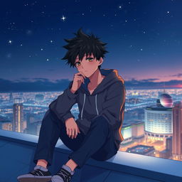 A thoughtful anime character, a young man with spiky black hair, is depicted sitting on a sleek rooftop at dusk, gazing thoughtfully at the twinkling city lights below