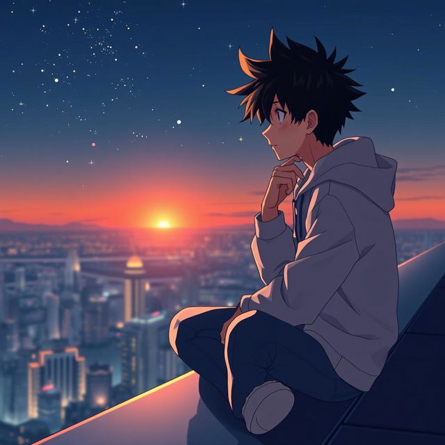 A thoughtful anime character, a young man with spiky black hair, is depicted sitting on a sleek rooftop at dusk, gazing thoughtfully at the twinkling city lights below