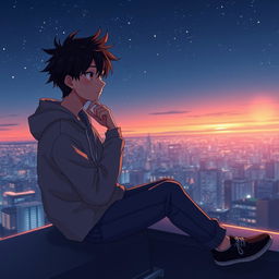 A thoughtful anime character, a young man with spiky black hair, is depicted sitting on a sleek rooftop at dusk, gazing thoughtfully at the twinkling city lights below