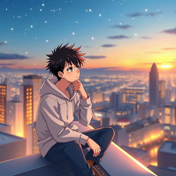 A thoughtful anime character, a young man with spiky black hair, is depicted sitting on a sleek rooftop at dusk, gazing thoughtfully at the twinkling city lights below