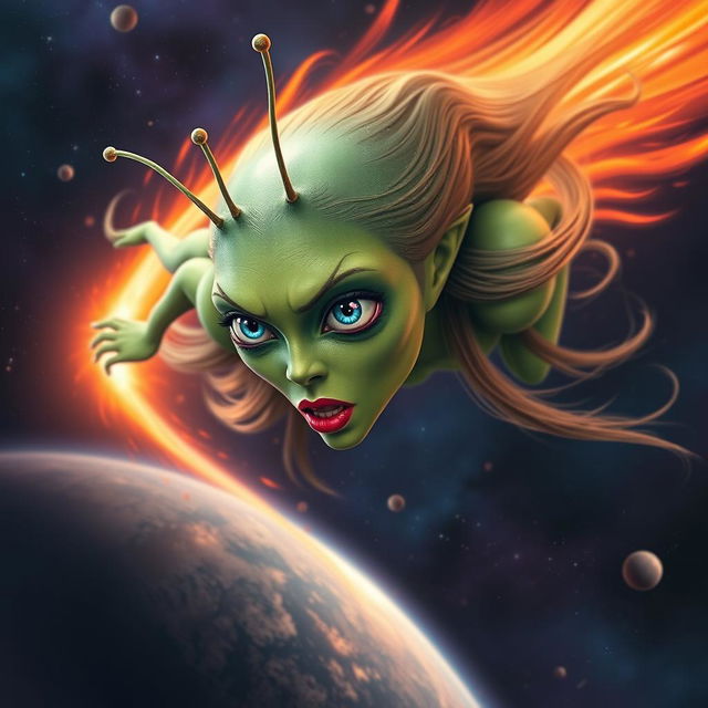 A stunning green alien woman with three vibrant blue eyes, delicate antennae protruding from her head, and striking red lips, plummeting from outer space towards Earth like a fiery meteor