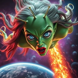 A stunning green alien woman with three vibrant blue eyes, delicate antennae protruding from her head, and striking red lips, plummeting from outer space towards Earth like a fiery meteor