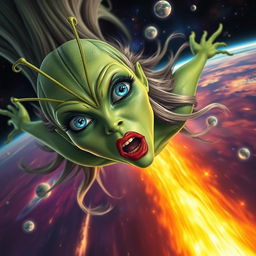 A stunning green alien woman with three vibrant blue eyes, delicate antennae protruding from her head, and striking red lips, plummeting from outer space towards Earth like a fiery meteor
