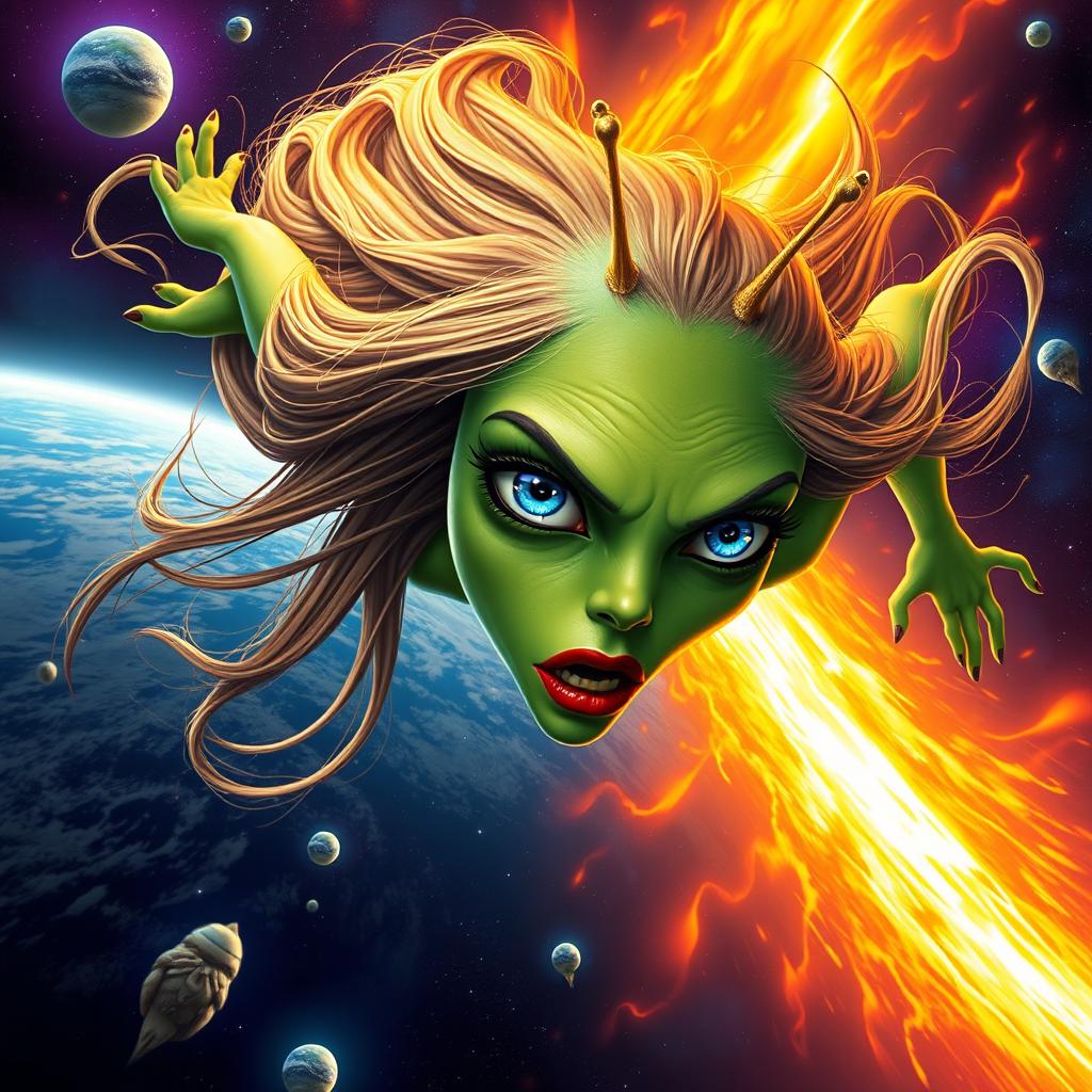 A stunning green alien woman with three vibrant blue eyes, delicate antennae protruding from her head, and striking red lips, plummeting from outer space towards Earth like a fiery meteor