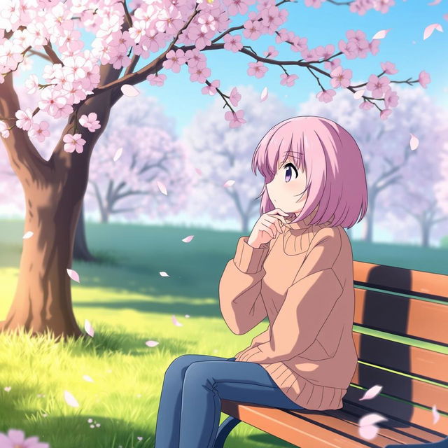 An anime character deep in thought, seated on a park bench under a cherry blossom tree, with petals gently falling around them