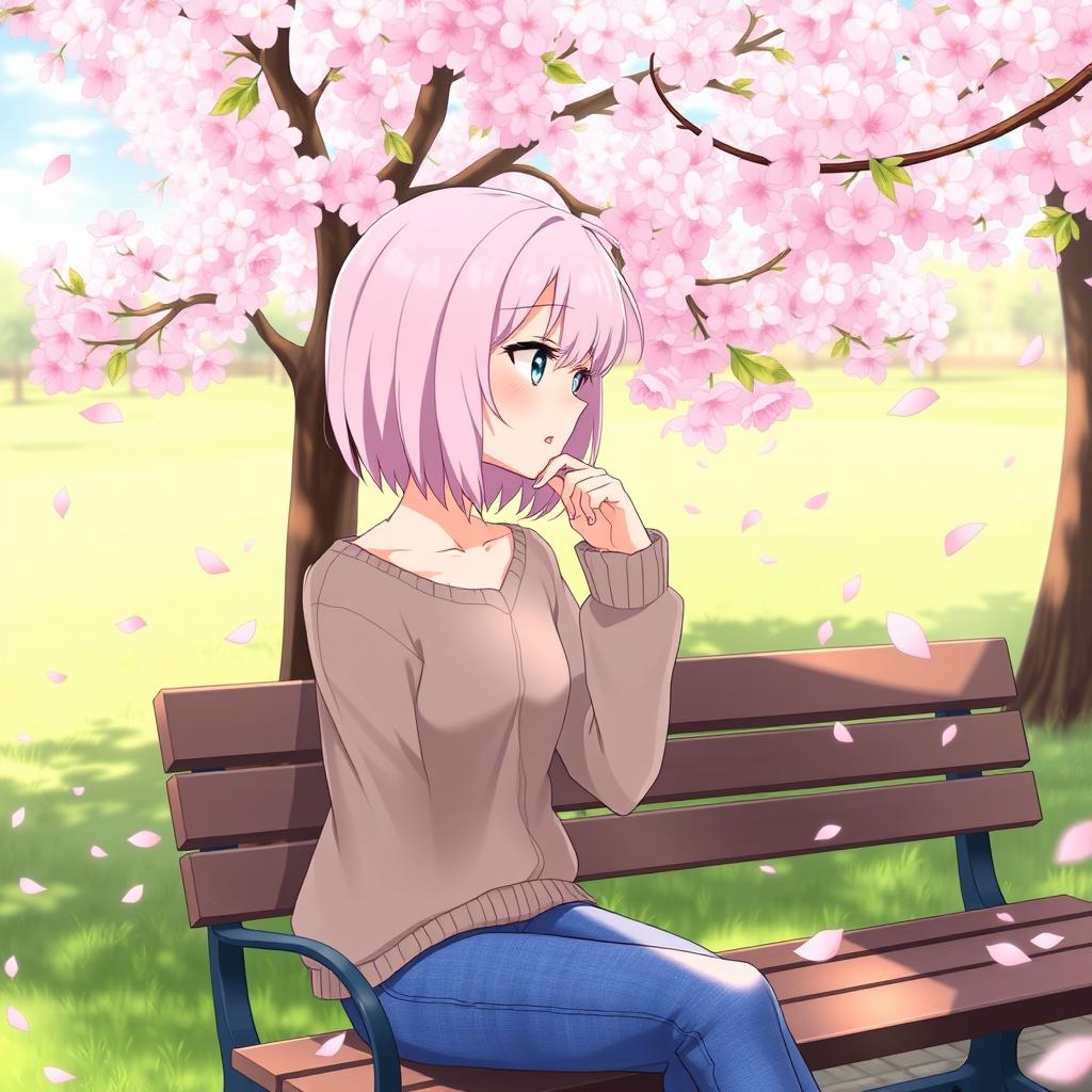 An anime character deep in thought, seated on a park bench under a cherry blossom tree, with petals gently falling around them