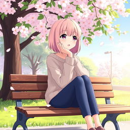 An anime character deep in thought, seated on a park bench under a cherry blossom tree, with petals gently falling around them