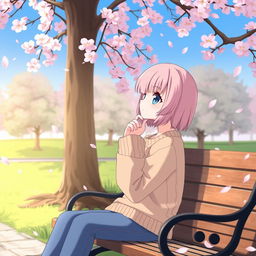 An anime character deep in thought, seated on a park bench under a cherry blossom tree, with petals gently falling around them