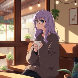 A thoughtful anime character sitting on a wooden bench in a serene coffee shop