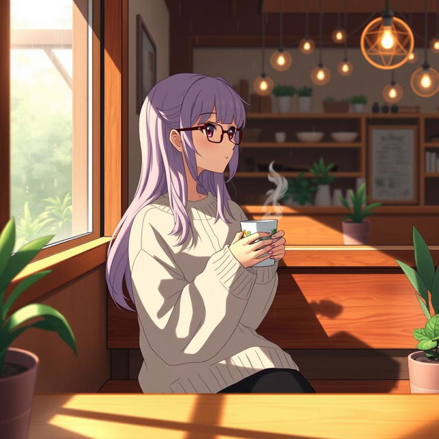 A thoughtful anime character sitting on a wooden bench in a serene coffee shop