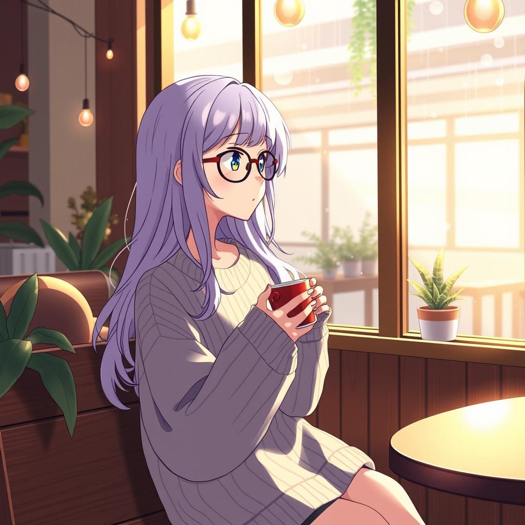 A thoughtful anime character sitting on a wooden bench in a serene coffee shop