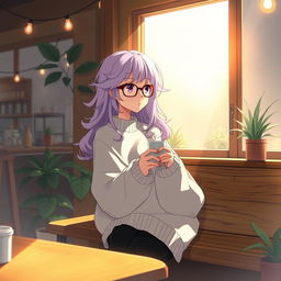 A thoughtful anime character sitting on a wooden bench in a serene coffee shop
