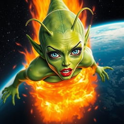 A beautiful green alien woman with striking blue eyes, long antennae, and vivid red lips is depicted falling from the outer space to Earth like a fiery meteor
