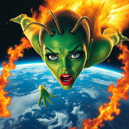 A beautiful green alien woman with striking blue eyes, long antennae, and vivid red lips is depicted falling from the outer space to Earth like a fiery meteor