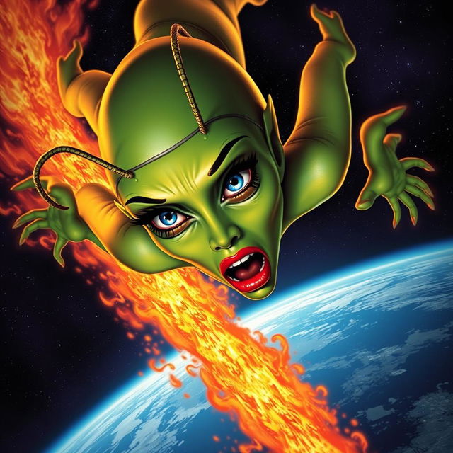 A beautiful green alien woman with striking blue eyes, long antennae, and vivid red lips is depicted falling from the outer space to Earth like a fiery meteor