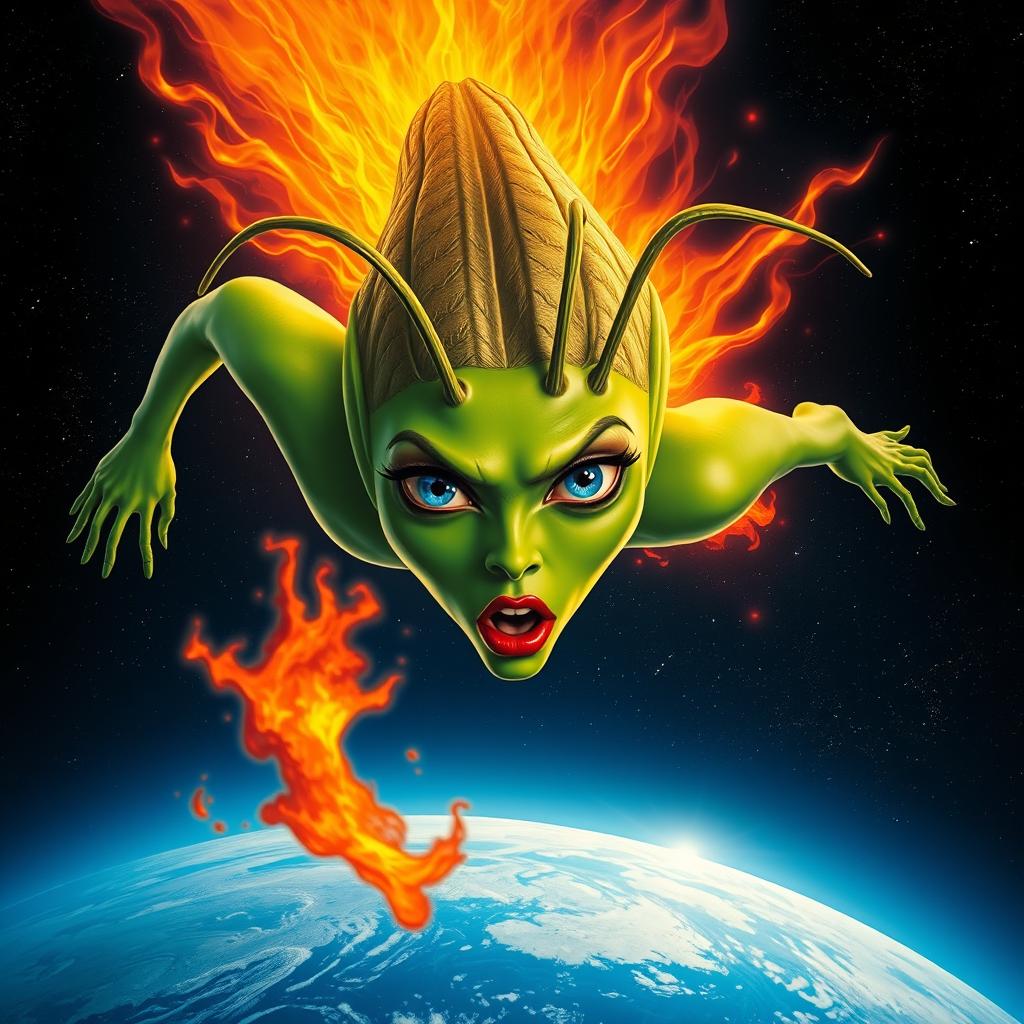 A beautiful green alien woman with striking blue eyes, long antennae, and vivid red lips is depicted falling from the outer space to Earth like a fiery meteor
