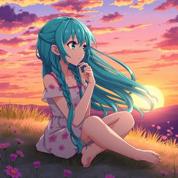 An anime character in a thoughtful pose, depicted as a young woman with long, flowing turquoise hair styled in braids