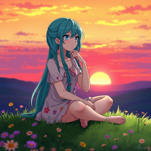 An anime character in a thoughtful pose, depicted as a young woman with long, flowing turquoise hair styled in braids