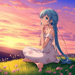 An anime character in a thoughtful pose, depicted as a young woman with long, flowing turquoise hair styled in braids